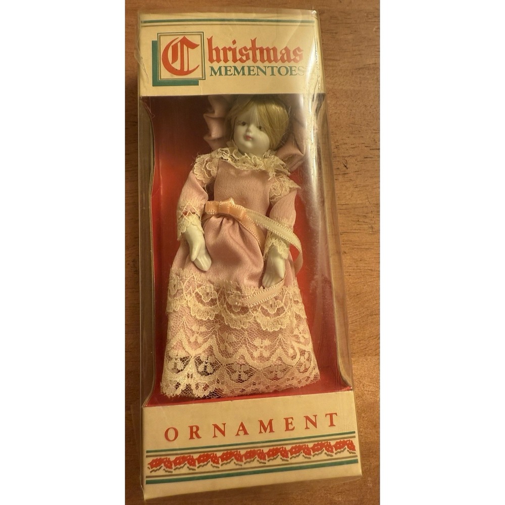 VTG Sears & Roebuck Christmas Mementoes Porcelain Doll Ornament Pink With Lace